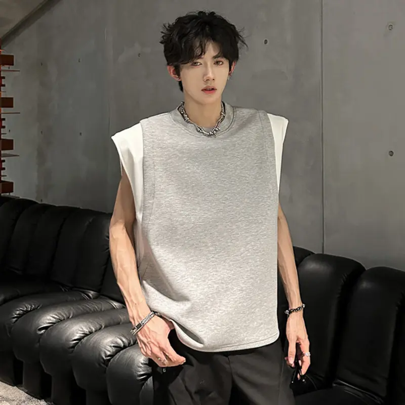 IEFB Contrast Color Men's Vests O-neck Niche Design Sleeveless Shoulder Pads T-shirt Casual Pullover Loose Male Tank Tops 9W3722