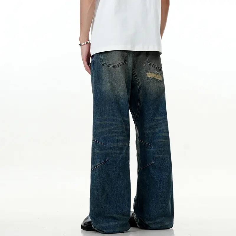 IEFB American Straight Male Denim Pants High Street Vintage Stained Gradient Color Cat Whisker Distressed Jeans Loose Fit 9W3540