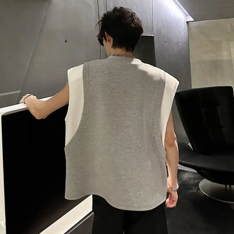 IEFB Contrast Color Men's Vests O-neck Niche Design Sleeveless Shoulder Pads T-shirt Casual Pullover Loose Male Tank Tops 9W3722