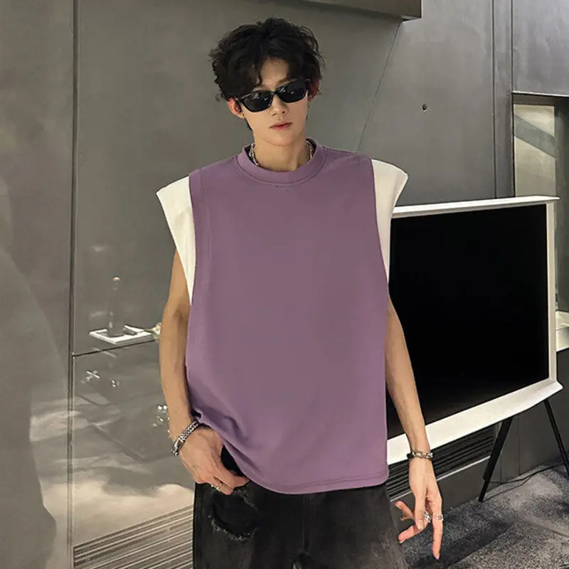 IEFB Contrast Color Men's Vests O-neck Niche Design Sleeveless Shoulder Pads T-shirt Casual Pullover Loose Male Tank Tops 9W3722