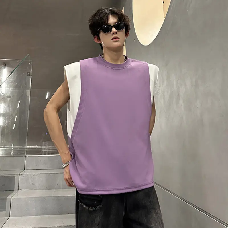 IEFB Contrast Color Men's Vests O-neck Niche Design Sleeveless Shoulder Pads T-shirt Casual Pullover Loose Male Tank Tops 9W3722