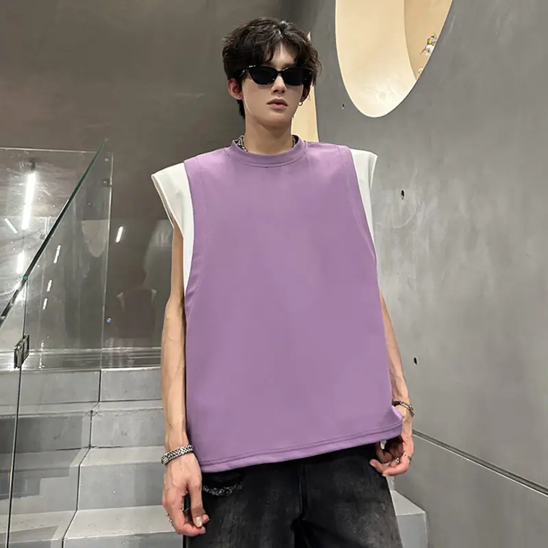 IEFB Contrast Color Men's Vests O-neck Niche Design Sleeveless Shoulder Pads T-shirt Casual Pullover Loose Male Tank Tops 9W3722