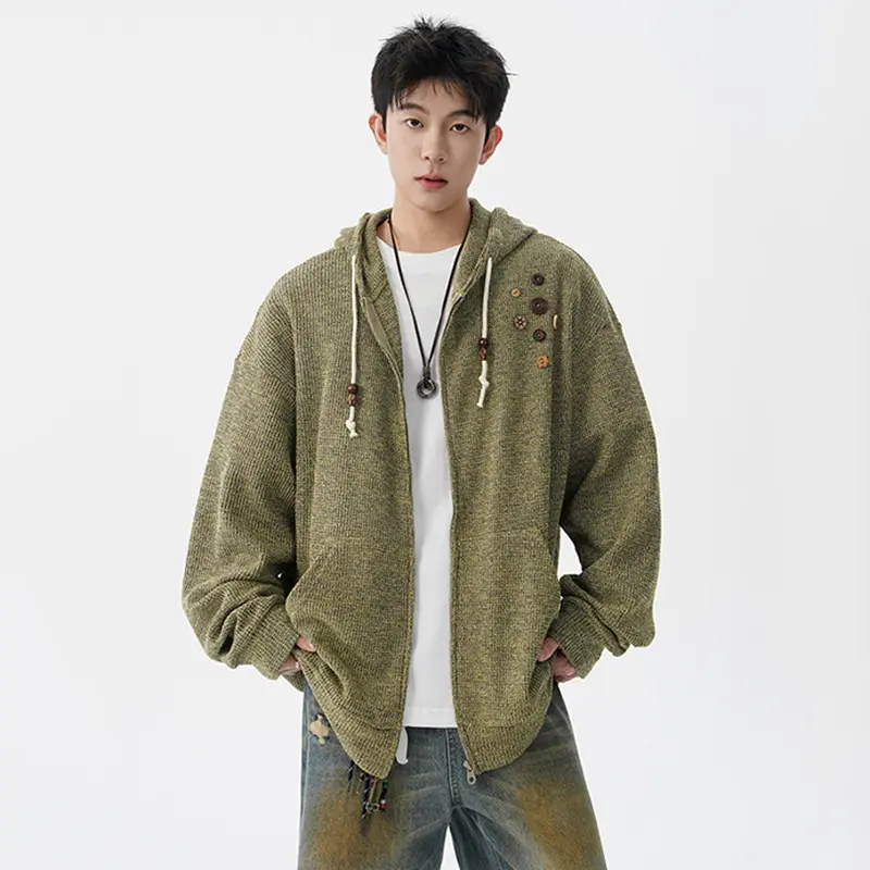 IEFB Korean Style Men's Hoodies Chic Button Decoration Drawstring Hooded Big Pockets Loose Solid Color Male Sweatshirts 9W4282