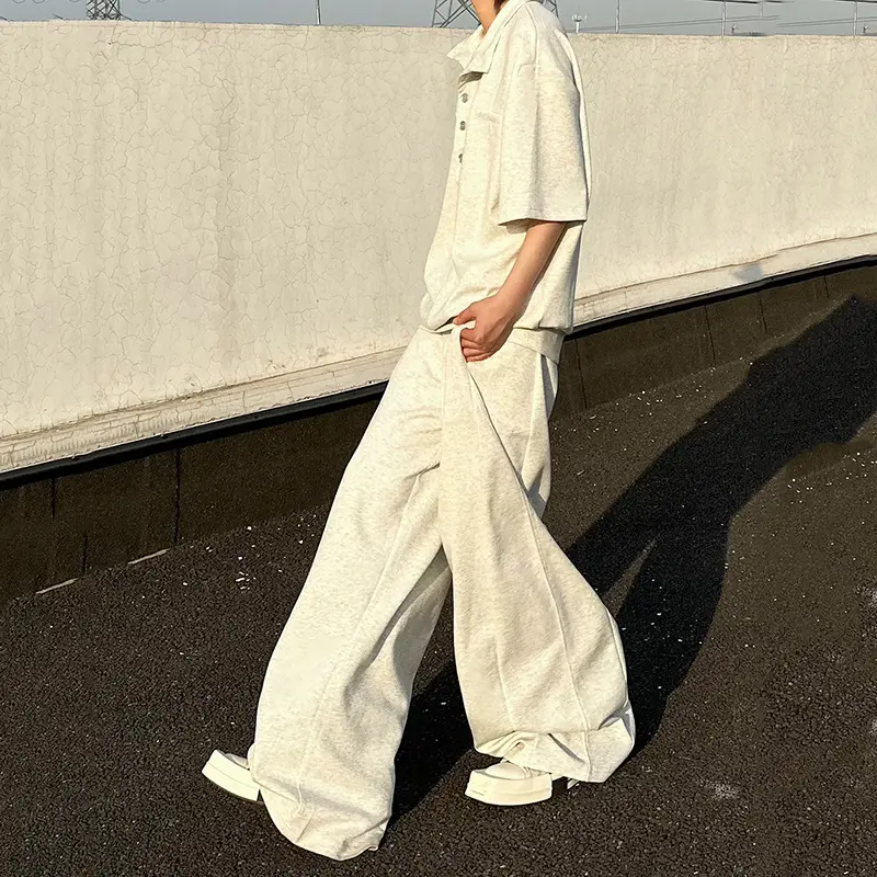 IEFB Korean Style Men's Two-piece Solid Color Lapel Short Sleeved Pullover T-shirts Straight Leg Loose Male Pants Simple 9W2940