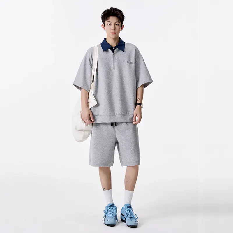 IEFB Letter Printing Men's Suit Contrast Color Lapel Zipper Design Short Sleeved Tees Drawstring Loose Male Shorts Summer 9W3580