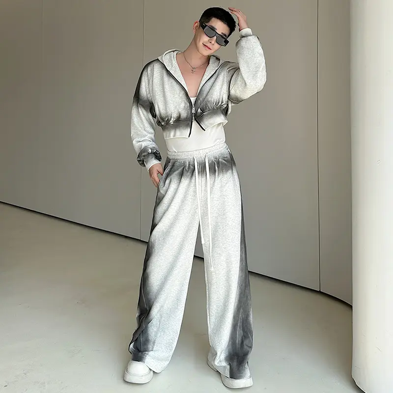 IEFB Men's Two-piece Korean Style Gradient Color Casual Short Hoodie Sweatshirts Straight Wide Leg Spring Male Bottoms 9W2218