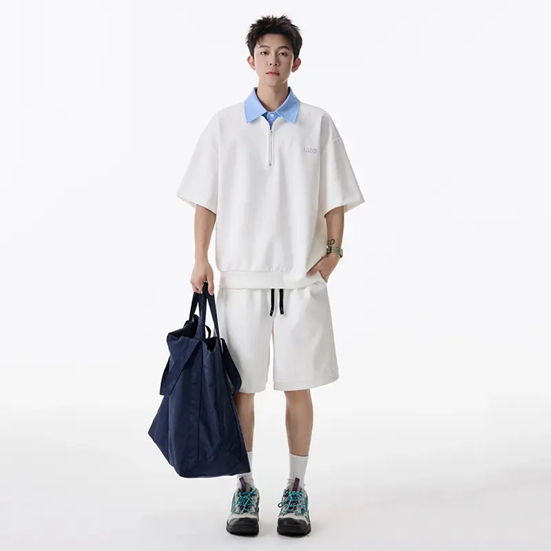 IEFB Letter Printing Men's Suit Contrast Color Lapel Zipper Design Short Sleeved Tees Drawstring Loose Male Shorts Summer 9W3580