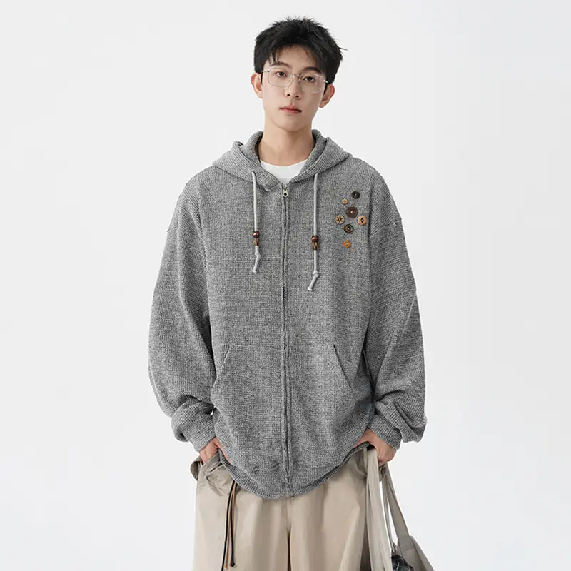 IEFB Korean Style Men's Hoodies Chic Button Decoration Drawstring Hooded Big Pockets Loose Solid Color Male Sweatshirts 9W4282