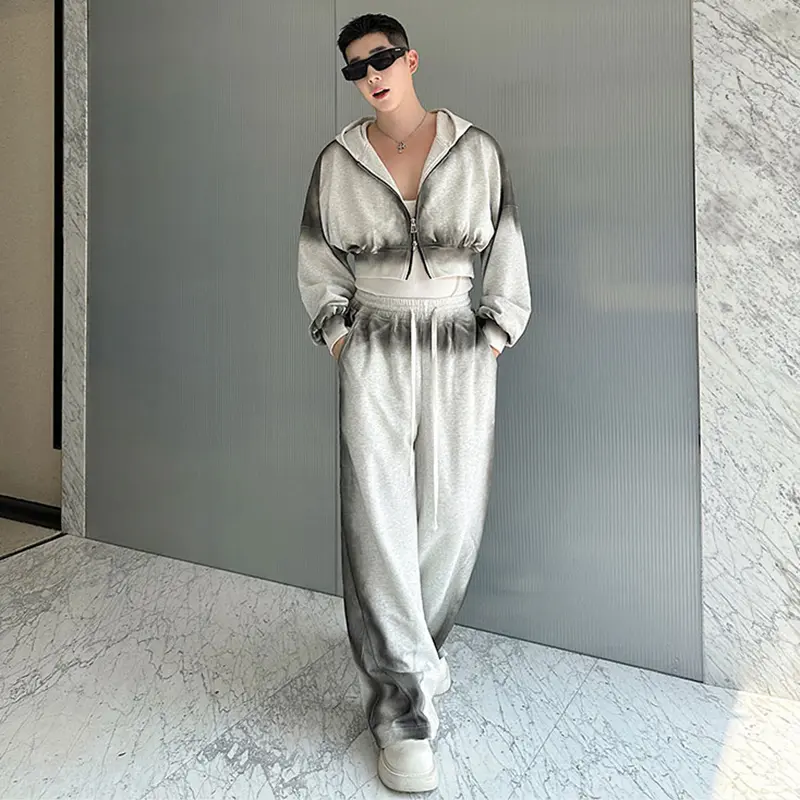 IEFB Men's Two-piece Korean Style Gradient Color Casual Short Hoodie Sweatshirts Straight Wide Leg Spring Male Bottoms 9W2218