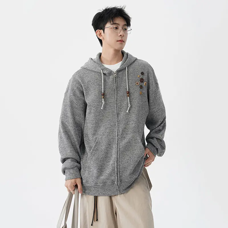 IEFB Korean Style Men's Hoodies Chic Button Decoration Drawstring Hooded Big Pockets Loose Solid Color Male Sweatshirts 9W4282