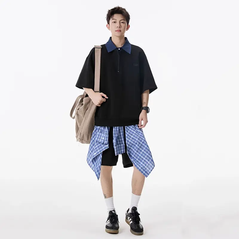 IEFB Letter Printing Men's Suit Contrast Color Lapel Zipper Design Short Sleeved Tees Drawstring Loose Male Shorts Summer 9W3580