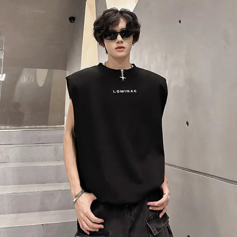IEFB New Trendy Men's Vests Round Neck Letter Design Contrats Color Metak Sleeveless Shoulder Padded Male Tank Tops Chic 9W3371
