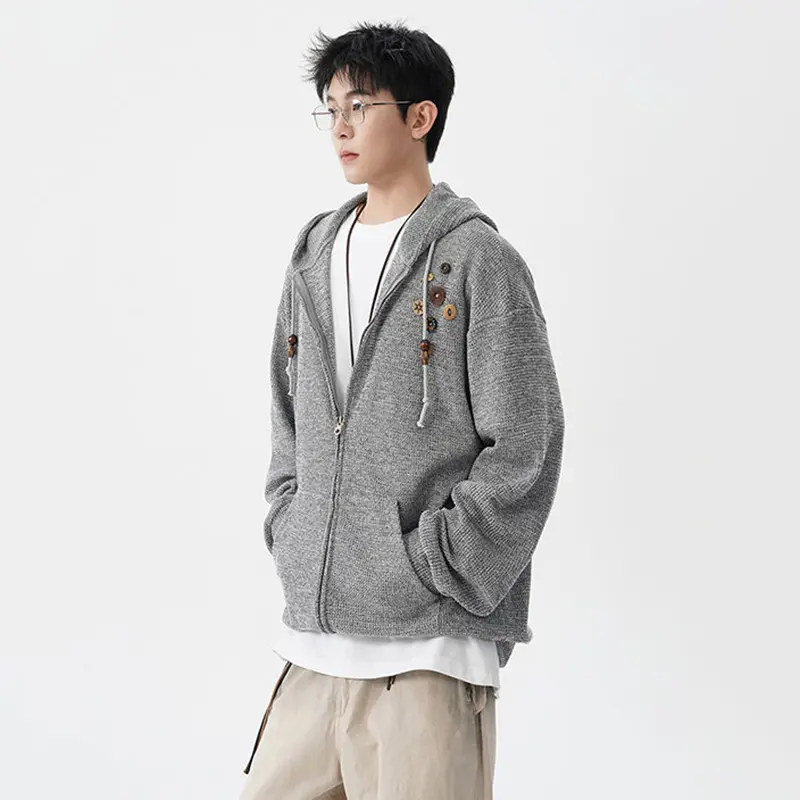 IEFB Korean Style Men's Hoodies Chic Button Decoration Drawstring Hooded Big Pockets Loose Solid Color Male Sweatshirts 9W4282