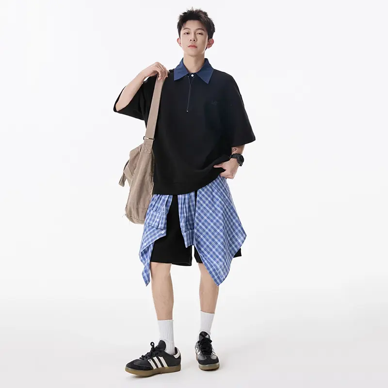 IEFB Letter Printing Men's Suit Contrast Color Lapel Zipper Design Short Sleeved Tees Drawstring Loose Male Shorts Summer 9W3580
