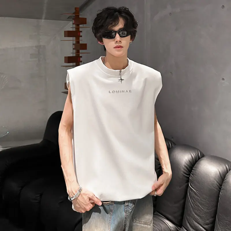 IEFB New Trendy Men's Vests Round Neck Letter Design Contrats Color Metak Sleeveless Shoulder Padded Male Tank Tops Chic 9W3371