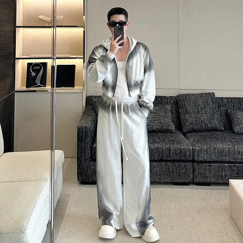 IEFB Men's Two-piece Korean Style Gradient Color Casual Short Hoodie Sweatshirts Straight Wide Leg Spring Male Bottoms 9W2218