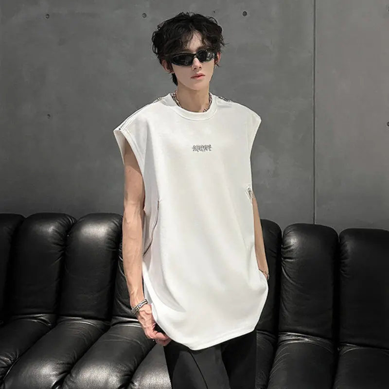 IEFB Niche Design Men's Vests Round Collar Sleevless Metal Zipper Patchwork Tees Loose Pullover Male Tank Tops Fashion 9W3718