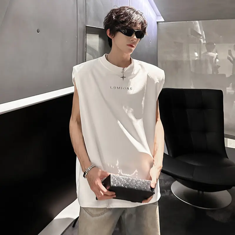 IEFB New Trendy Men's Vests Round Neck Letter Design Contrats Color Metak Sleeveless Shoulder Padded Male Tank Tops Chic 9W3371