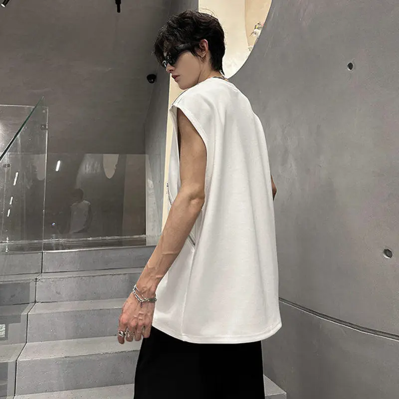 IEFB Niche Design Men's Vests Round Collar Sleevless Metal Zipper Patchwork Tees Loose Pullover Male Tank Tops Fashion 9W3718