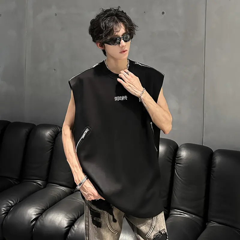 IEFB Niche Design Men's Vests Round Collar Sleevless Metal Zipper Patchwork Tees Loose Pullover Male Tank Tops Fashion 9W3718