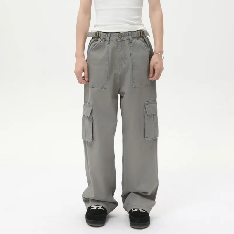 IEFB Korean Style Men's Casual Cargo Trousers Solid Color Multi Pockets Washing Belts Design Vintage Straight Male Pants 9W2983