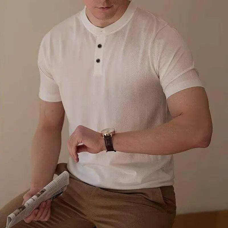 IEFB New Summer Men's T-shirts Mock Neck Solid Color Button Design Short Sleeved Slim Casual Male Clothing Simple 2025 9W2835