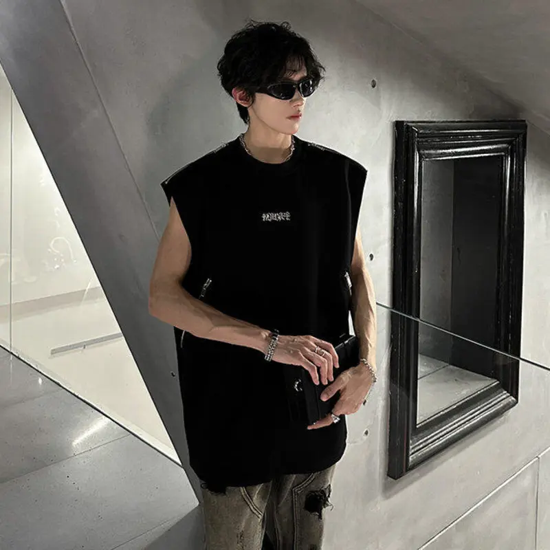 IEFB Niche Design Men's Vests Round Collar Sleevless Metal Zipper Patchwork Tees Loose Pullover Male Tank Tops Fashion 9W3718