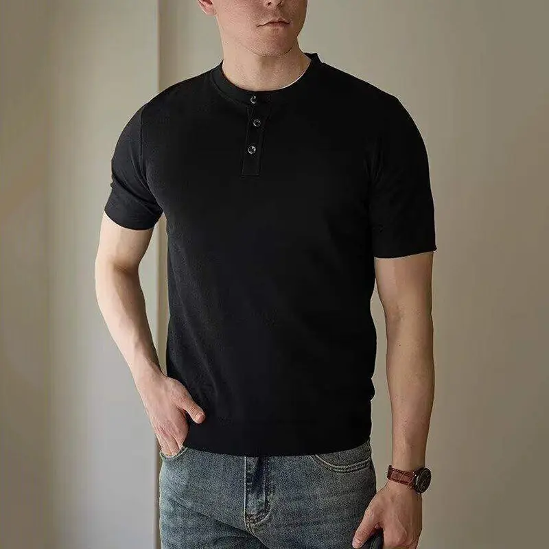 IEFB New Summer Men's T-shirts Mock Neck Solid Color Button Design Short Sleeved Slim Casual Male Clothing Simple 2025 9W2835
