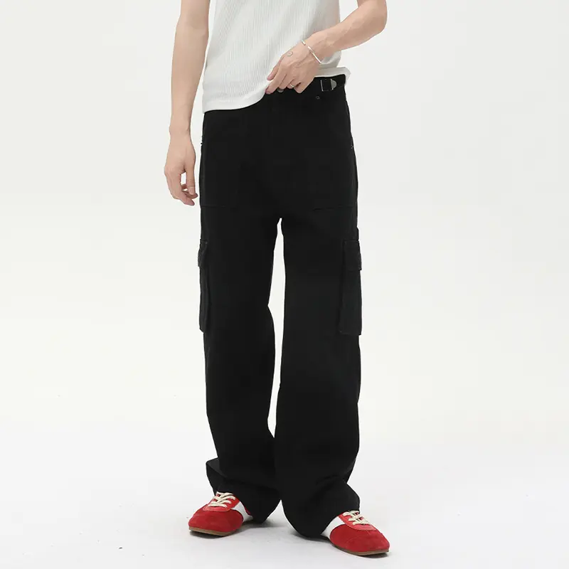 IEFB Korean Style Men's Casual Cargo Trousers Solid Color Multi Pockets Washing Belts Design Vintage Straight Male Pants 9W2983