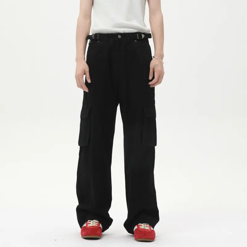 IEFB Korean Style Men's Casual Cargo Trousers Solid Color Multi Pockets Washing Belts Design Vintage Straight Male Pants 9W2983