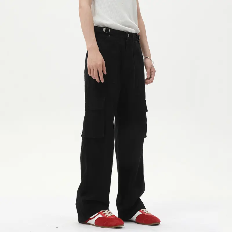 IEFB Korean Style Men's Casual Cargo Trousers Solid Color Multi Pockets Washing Belts Design Vintage Straight Male Pants 9W2983