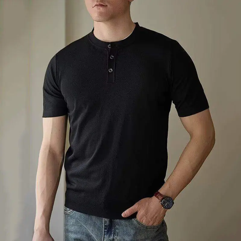 IEFB New Summer Men's T-shirts Mock Neck Solid Color Button Design Short Sleeved Slim Casual Male Clothing Simple 2025 9W2835