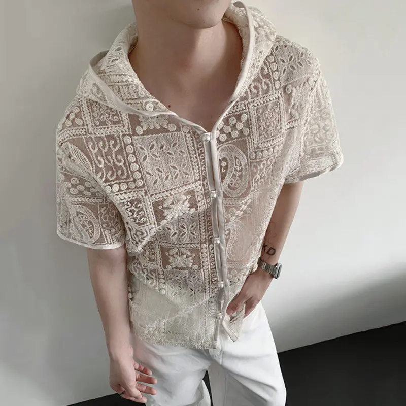 IEFB New Men's Hooded Shirt Hollow-out Lace Embroidery Pearl Button Vacation Style Short Sleeve Shirts Summer Solid Color 9W3631