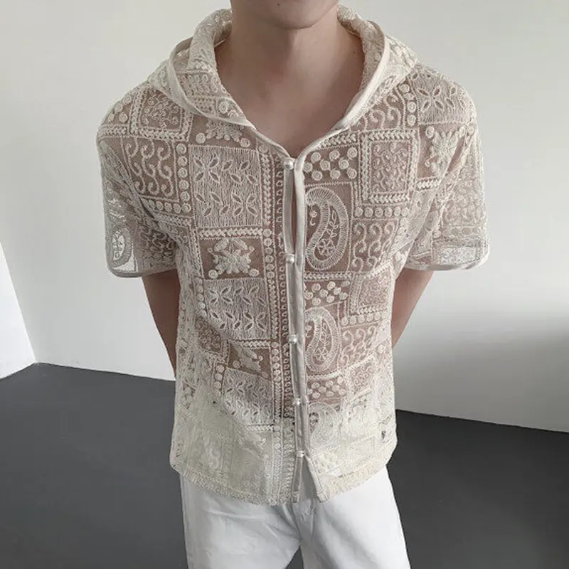IEFB New Men's Hooded Shirt Hollow-out Lace Embroidery Pearl Button Vacation Style Short Sleeve Shirts Summer Solid Color 9W3631