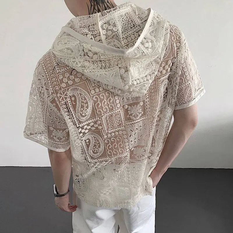 IEFB New Men's Hooded Shirt Hollow-out Lace Embroidery Pearl Button Vacation Style Short Sleeve Shirts Summer Solid Color 9W3631
