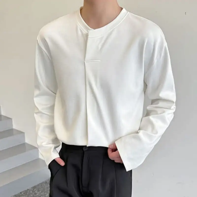 IEFB Korean Style Men's T-shirts Round Neck Solid Color Casual Tees Long Sleeved Loose All-match Loose Male Tops Summer 9W2238