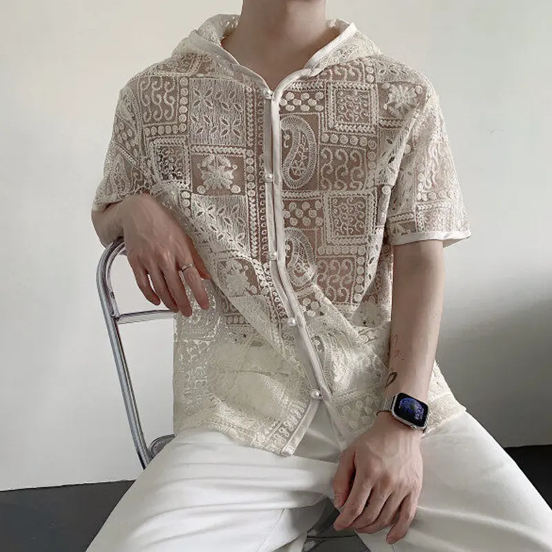 IEFB New Men's Hooded Shirt Hollow-out Lace Embroidery Pearl Button Vacation Style Short Sleeve Shirts Summer Solid Color 9W3631