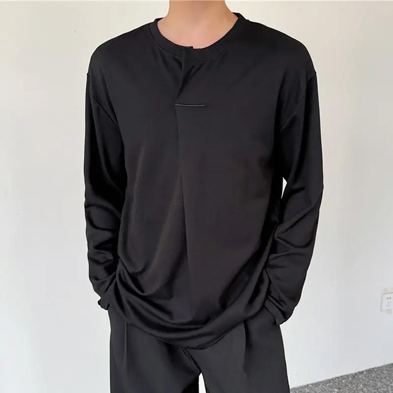 IEFB Korean Style Men's T-shirts Round Neck Solid Color Casual Tees Long Sleeved Loose All-match Loose Male Tops Summer 9W2238