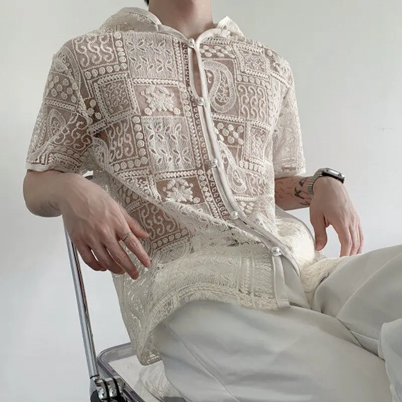 IEFB New Men's Hooded Shirt Hollow-out Lace Embroidery Pearl Button Vacation Style Short Sleeve Shirts Summer Solid Color 9W3631