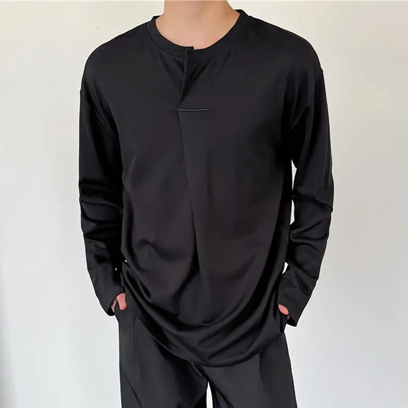 IEFB Korean Style Men's T-shirts Round Neck Solid Color Casual Tees Long Sleeved Loose All-match Loose Male Tops Summer 9W2238