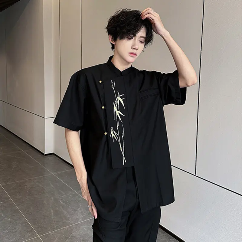 IEFB New Chinese Style Embroidery Short Sleeve Shirt Men Wear Bamboo Leaf Pattern Shoulder Pad Male Shirts Loose Fit 9W3086