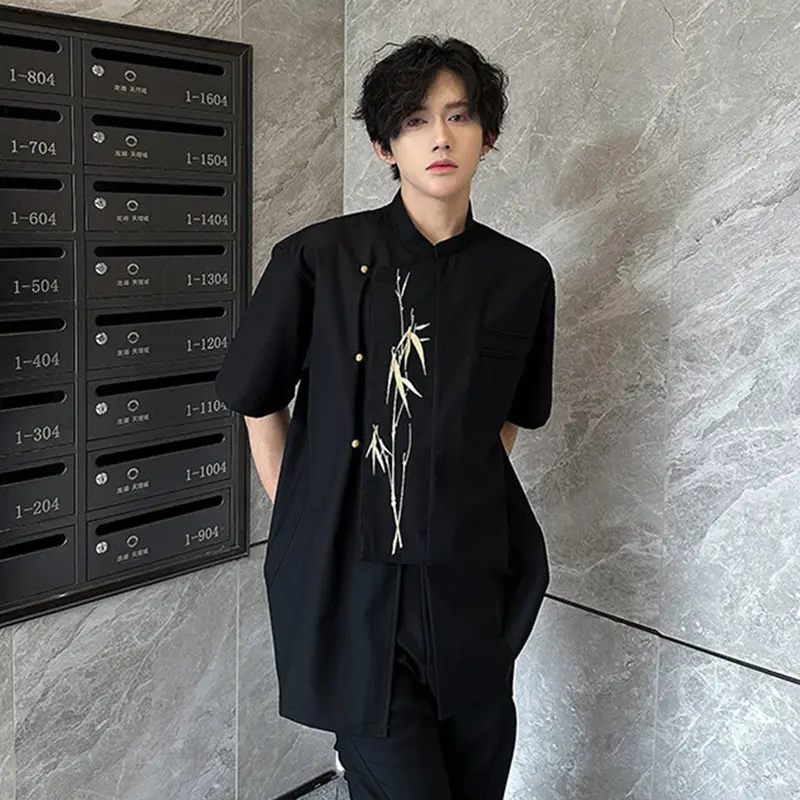 IEFB New Chinese Style Embroidery Short Sleeve Shirt Men Wear Bamboo Leaf Pattern Shoulder Pad Male Shirts Loose Fit 9W3086