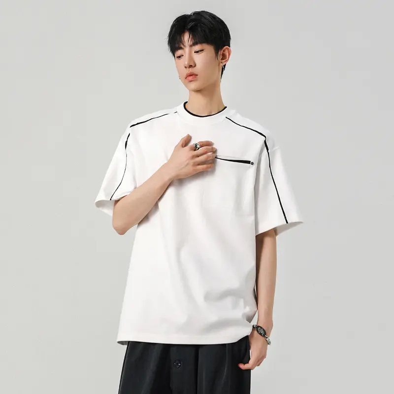 IEFB New Summer Men's T-shirts O-neck Line Design Casual Contrast Color Short Sleeved Deconstruction Loose Male Tees Chic 9W2878