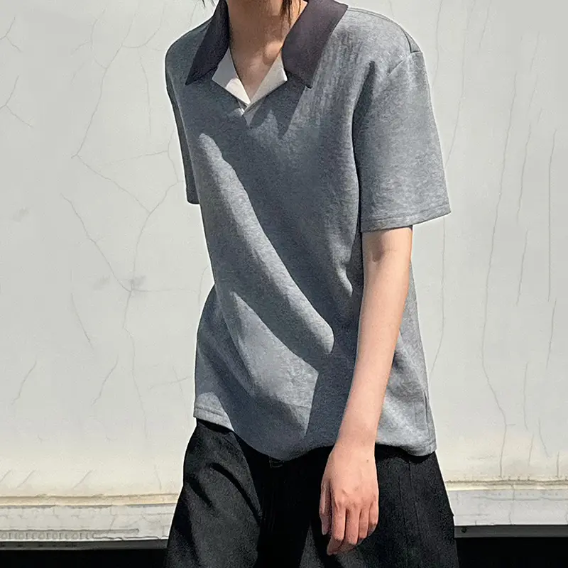 IEFB Contrast Color Patchwork Men's Tees Turn-down Collar Short Sleeved Casual Knitting Male Pullover Loose T-shirt Niche 9W2941