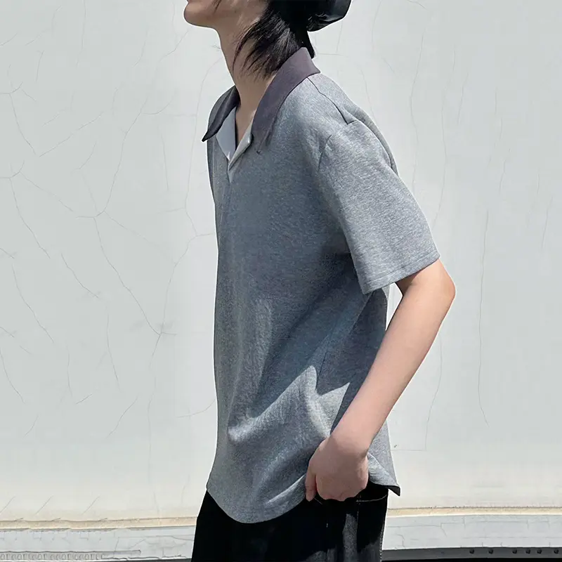 IEFB Contrast Color Patchwork Men's Tees Turn-down Collar Short Sleeved Casual Knitting Male Pullover Loose T-shirt Niche 9W2941