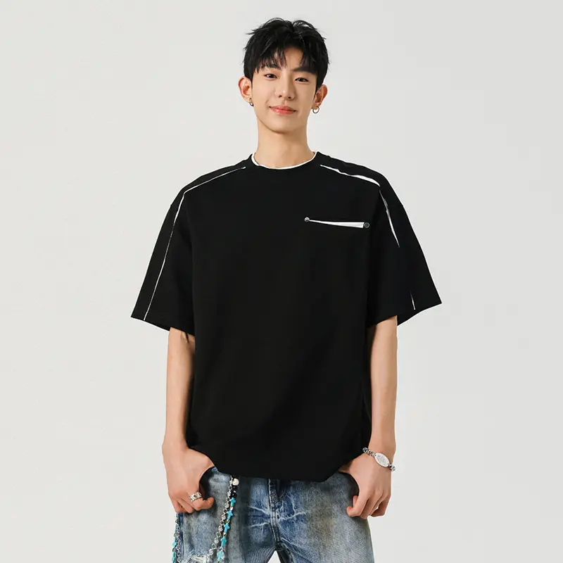 IEFB New Summer Men's T-shirts O-neck Line Design Casual Contrast Color Short Sleeved Deconstruction Loose Male Tees Chic 9W2878