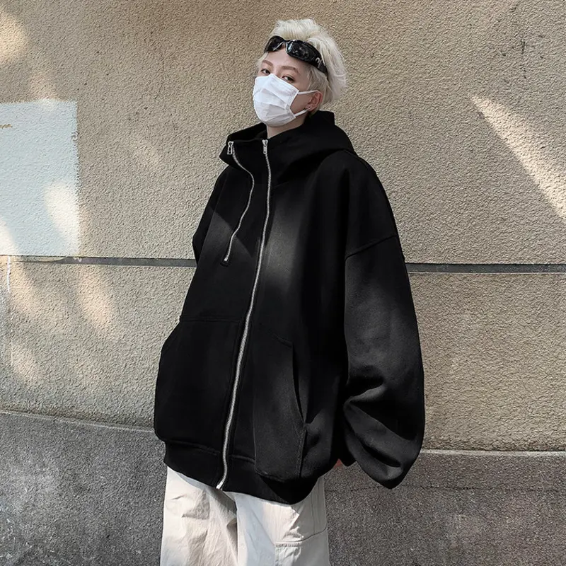 IEFB Niche Design Men's Sweatshirts Hooded Double Zippers Decoration Lager Pockets Solid Color Loose Male Hoodies Tremdy 9W4079