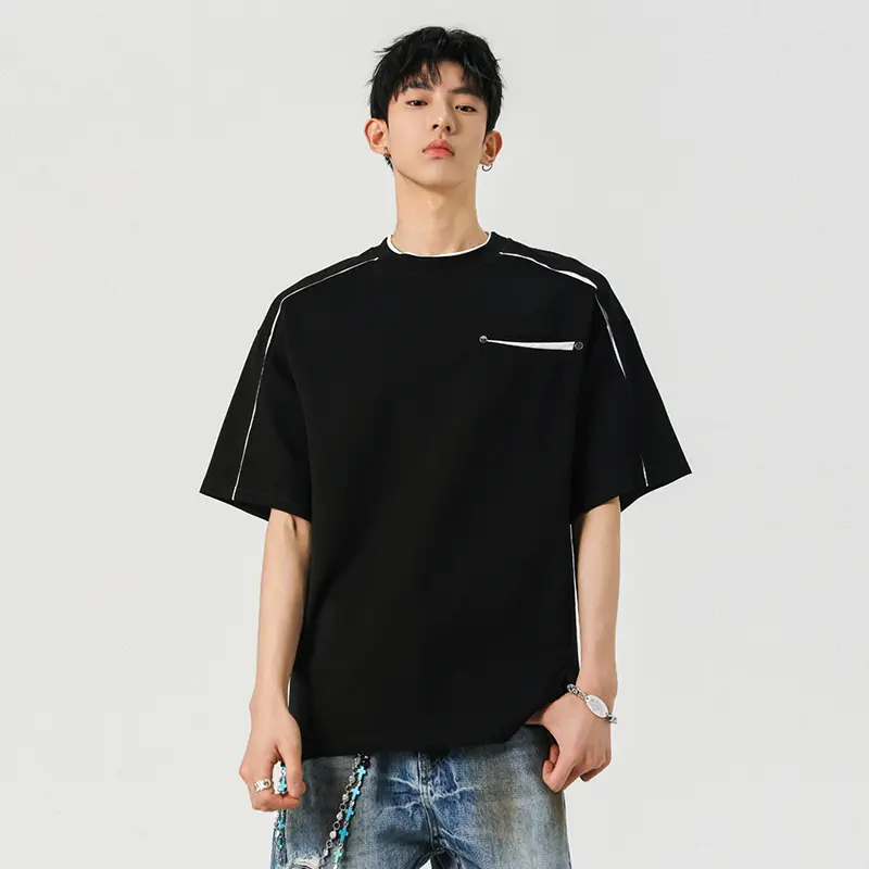 IEFB New Summer Men's T-shirts O-neck Line Design Casual Contrast Color Short Sleeved Deconstruction Loose Male Tees Chic 9W2878