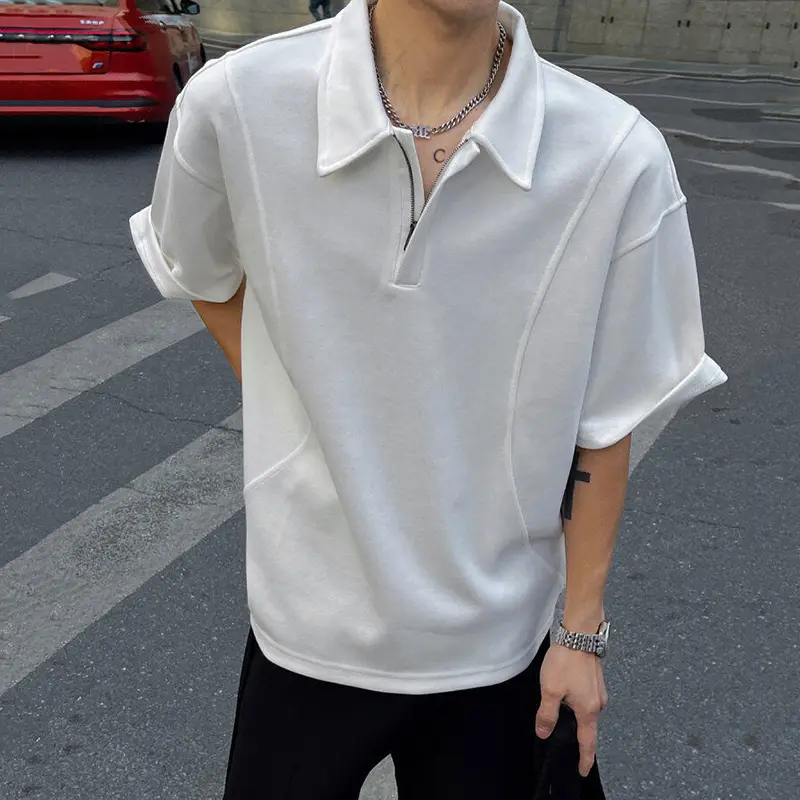 IEFB New Fashion Male T-shirt Short Sleeve Turn-down Collar Zipper Top Casual Solid Color Men Clothing Summer Trend 9W3152