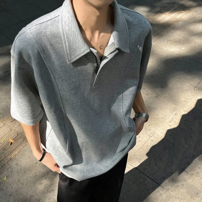 IEFB New Fashion Male T-shirt Short Sleeve Turn-down Collar Zipper Top Casual Solid Color Men Clothing Summer Trend 9W3152